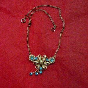VINTAGE TURQUOISE RHINESTONE & FAUX PEARL CHOKER